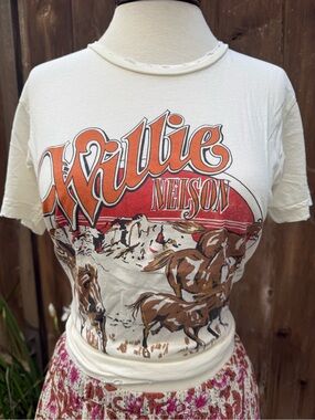 Midnight Rider Cream Willie Nelson T-shirt with Brown & Orange Print